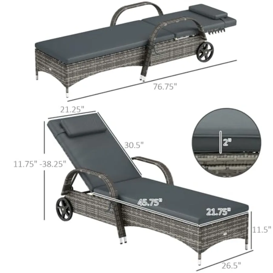 Outdoor chaise lounge chair with adjustable backrest, rattan material, beige color, featuring wheels and cushion headrest for e