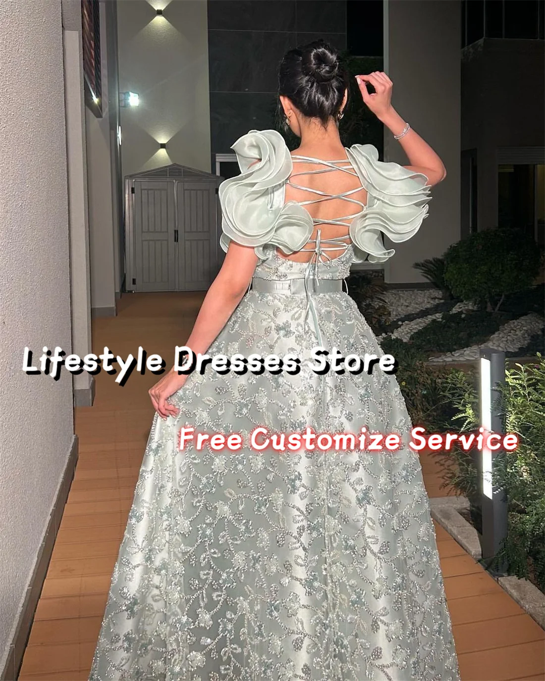 Blumen Pailletten Spitze A-Linie Luxus benutzer definierte Abendkleider ärmellose Rücken Schnürung elegante Ballkleid Saudi-Party kleid