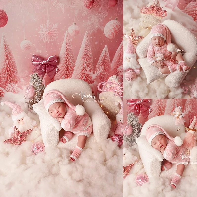 

Newborn Photography Props Pink Romantic Christmas Themes Knitted Outfit Snowing Backdrop Posing Sofa X'mas Decors for Photoshoot