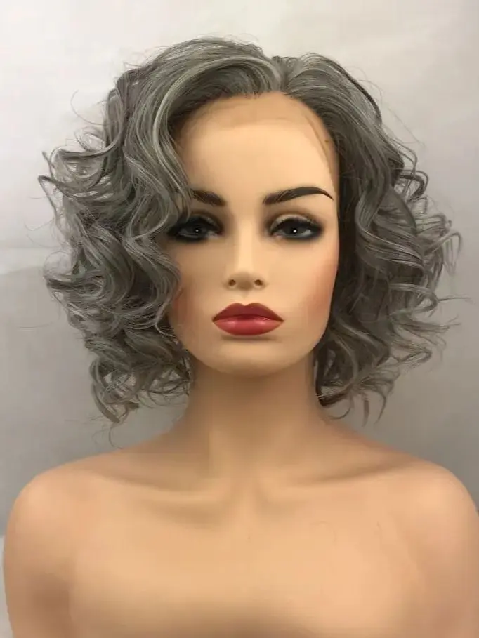 

Short gray Wavy Transparent Lace Synthetic Heat Resistant Fiber Lace Highlight Women Wigs