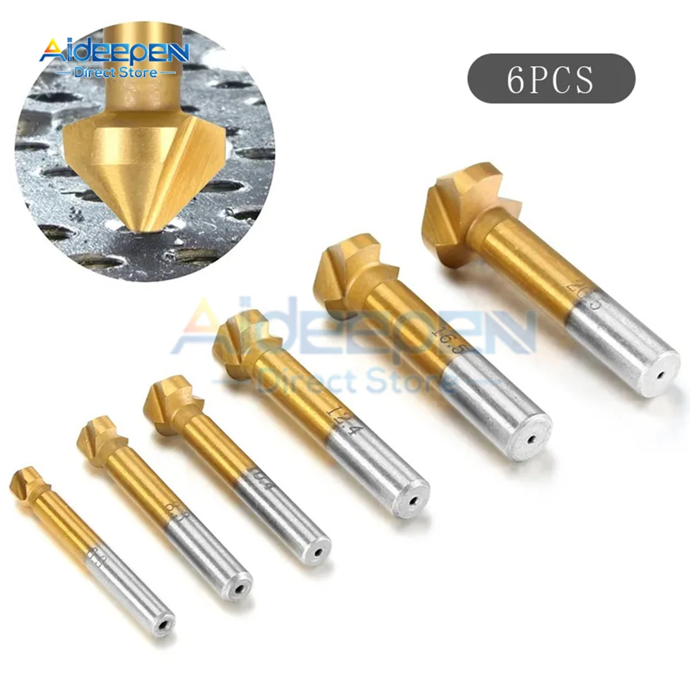 6ชิ้น6.3-20.5มิลลิเมตรไทเทเนียมรอบก้าน3ขลุ่ย90องศาไฮสปีด chamfer Chamfering ตัด end Mill เครื่องมือ Countersink สว่านชุด