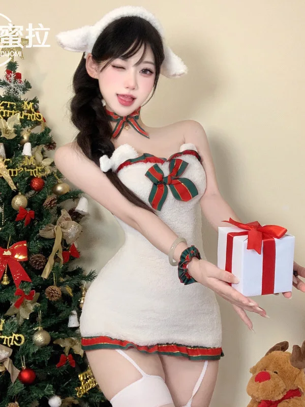 2024 New Sexy Slash Neck Bow Color Blocking Strapless Christmas Cute Maid Uniform Women Cinching Waist Slim Wrap Hip Dress B21C