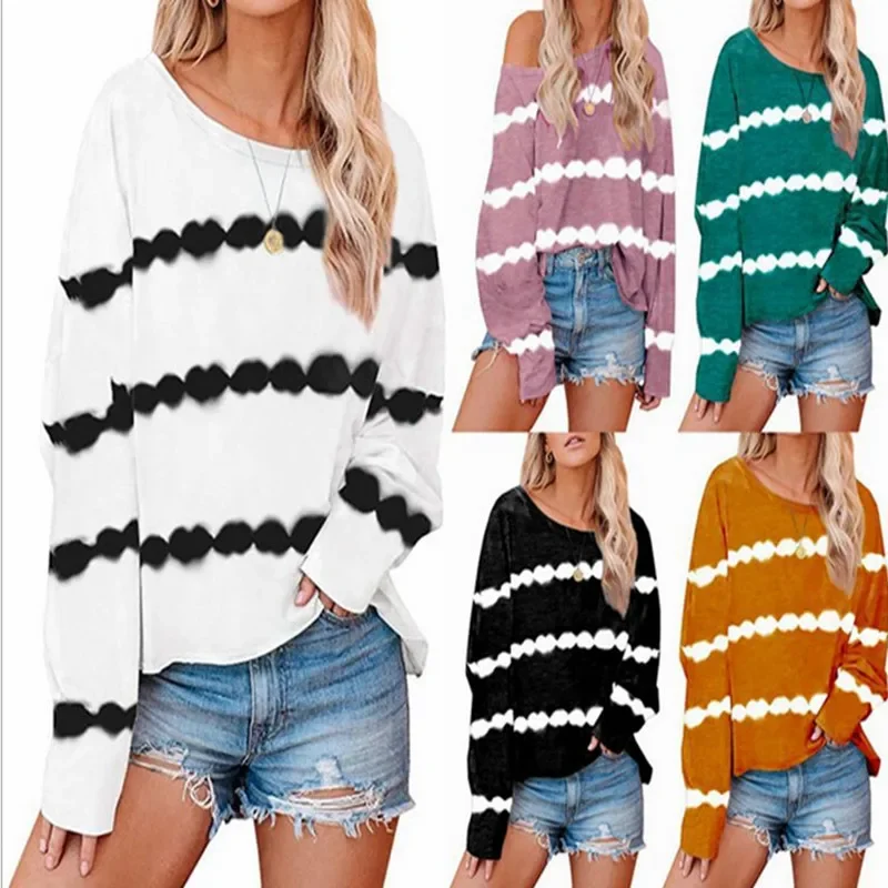 2025 Popular Hot Sale New Tie-Dye Stripe Printed Loose Long Sleeve Round Neck T-Shirt Sweatshirt Women Clothes Fashion Shirts