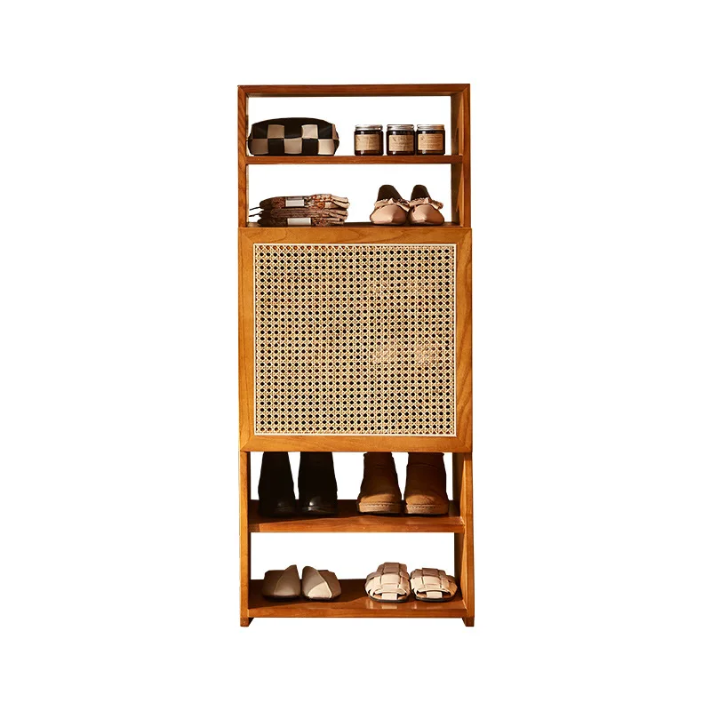 

Solid wood high and low shoe cabinet combination new Chinese entrance layered rattan shoe rack