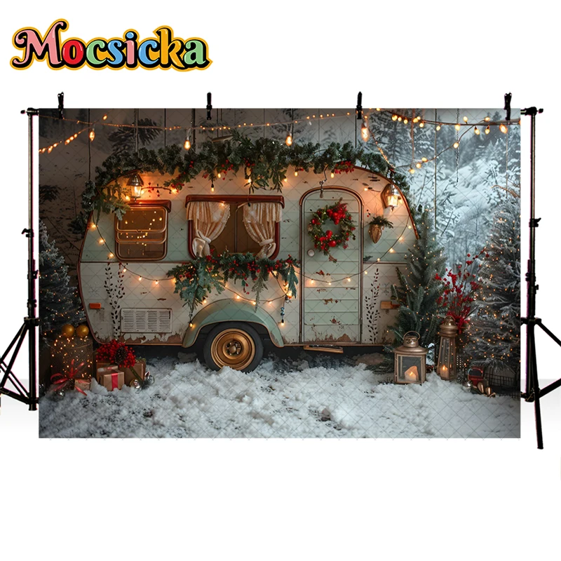 Mocsicka Winter Christmas Car Photography Background Camping Forest Xmas Trees Kids Family Portrait Decor Backdrop Photo Studio