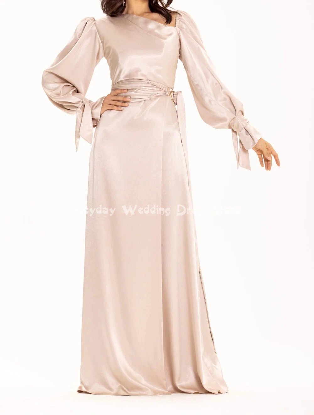 Heyday feminino personalizado cetim faixas plissadas vestidos de noite sauditas com mangas compridas em linha reta até o chão vestidos elegantes 2025