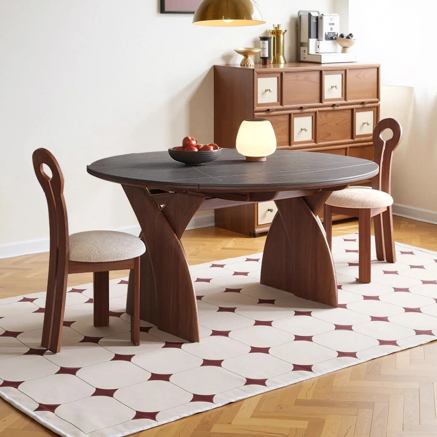 Black solid wood rock slab retractable dining table variable round table household small apartment folding