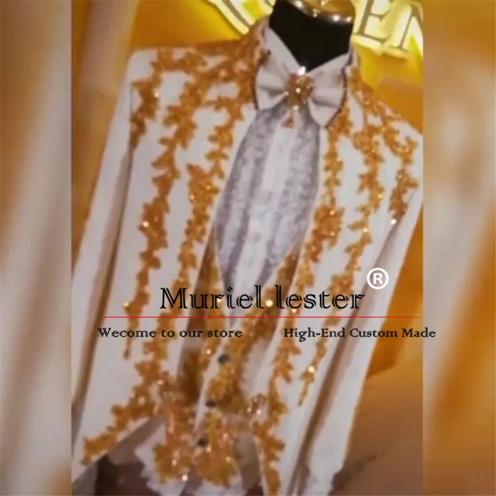 Luxurious White Wedding Tuxeods For Man Sparkly Gold Beaded Appliques Prom Blazer Formal Party Groom Tuxedos 3 Pieces Men\'s Suit