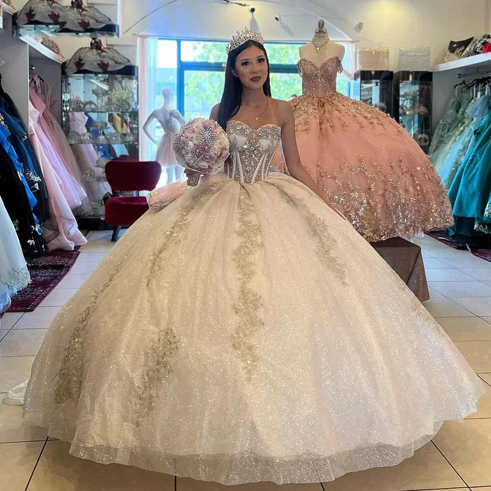 فساتين Angelsbridep بلون الشمبانيا Quinceanera بأكمام منتفخة ثوب حفلة دانتيل مزين بالخرز فستان حفلة عيد ميلاد الأميرة مخصص