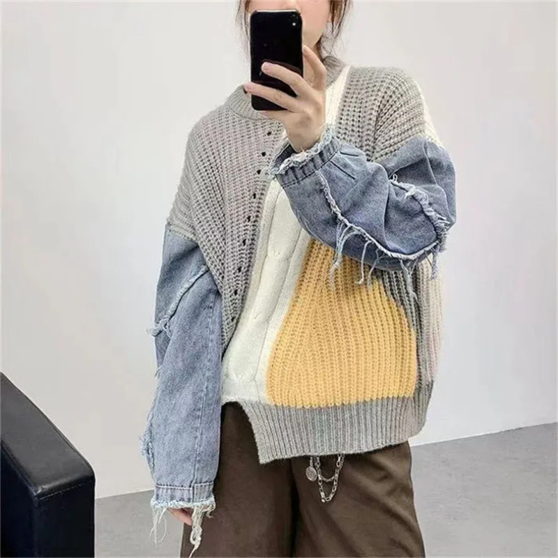 Denim Patchwork Long Sleeve Sweater For Women 2024Autumn Loose Oversize O-neck Pullovers Knitwear Winter Knit Sweater Top Female