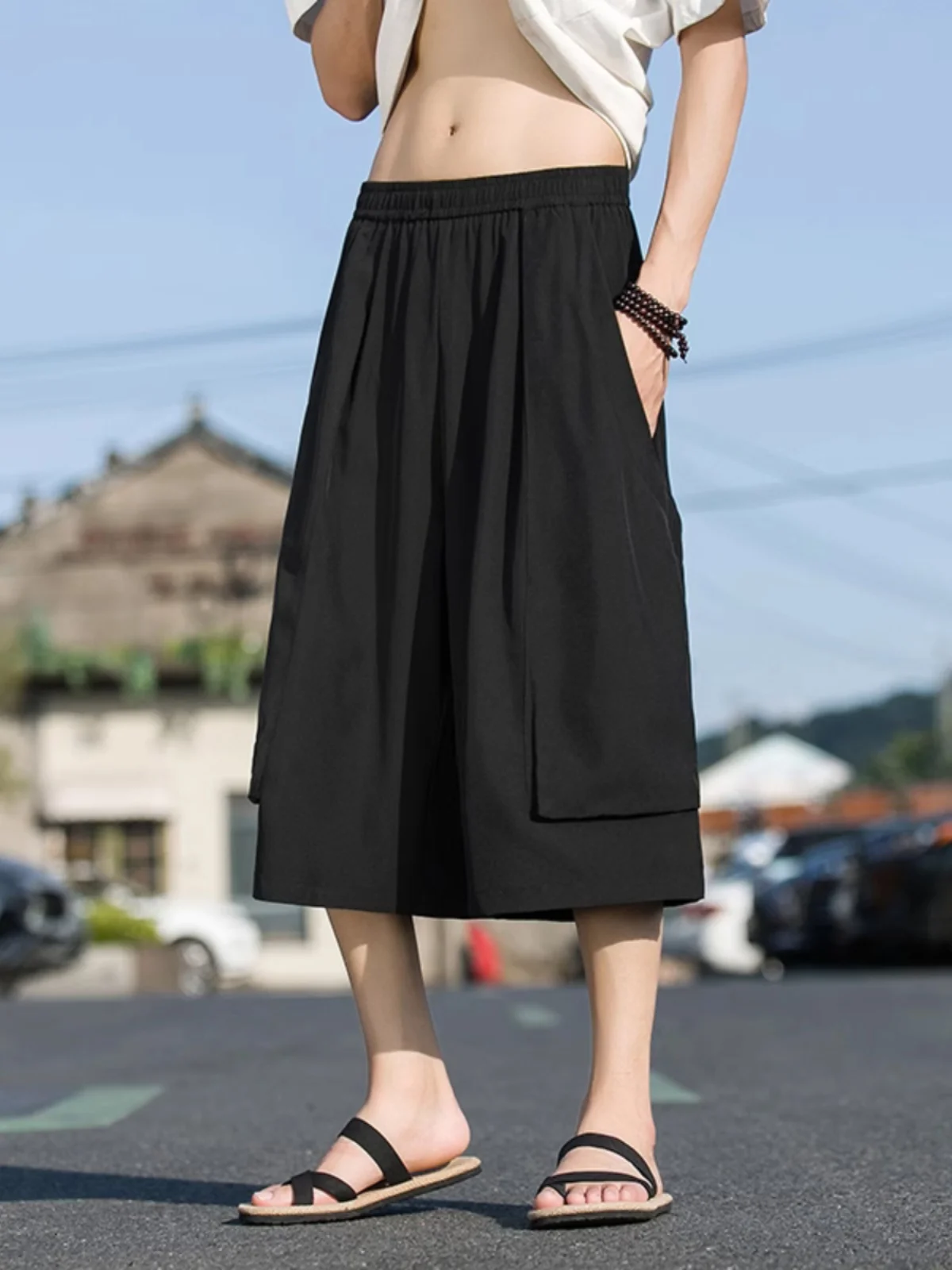 Black Bell Bottom Pants Men's Summer Thin Shape Loose Straight Leg Seven-Five Skirt Pants Casual Fashion Youth Spring Autumn