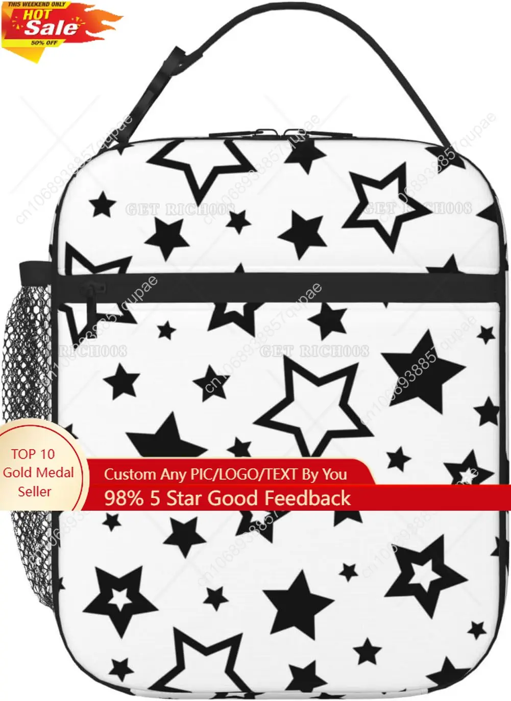 

Black Stars In White Portable Lunch Bag Insulated Lunch Box Reusable Totes for Women Men Work Picnic Camping One Size