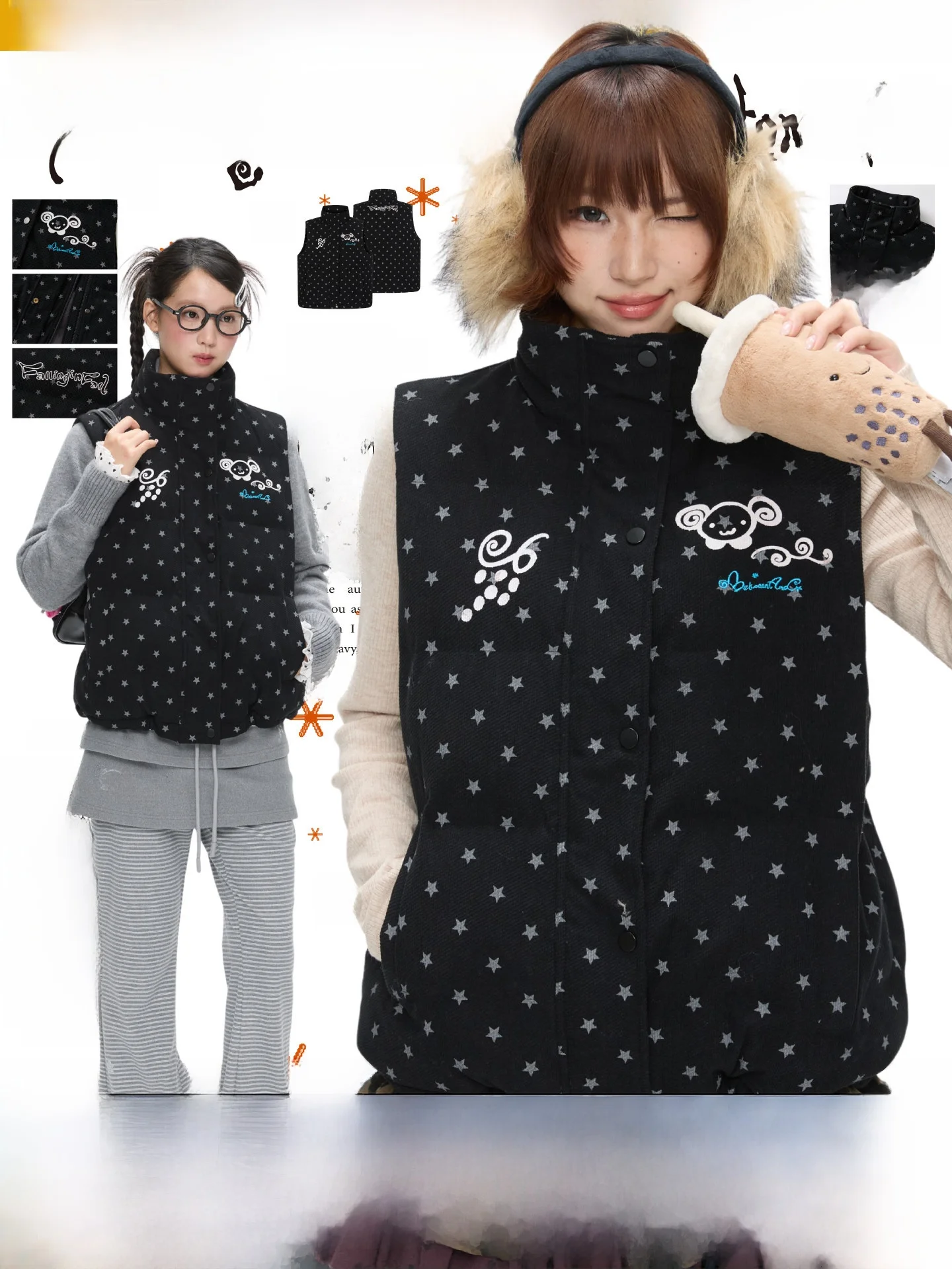 

BENAND Women's Star Print Baby Velvet Vest Thermal Outerwear Cotton Jaet Long Sve Straight Cut Regular Thin