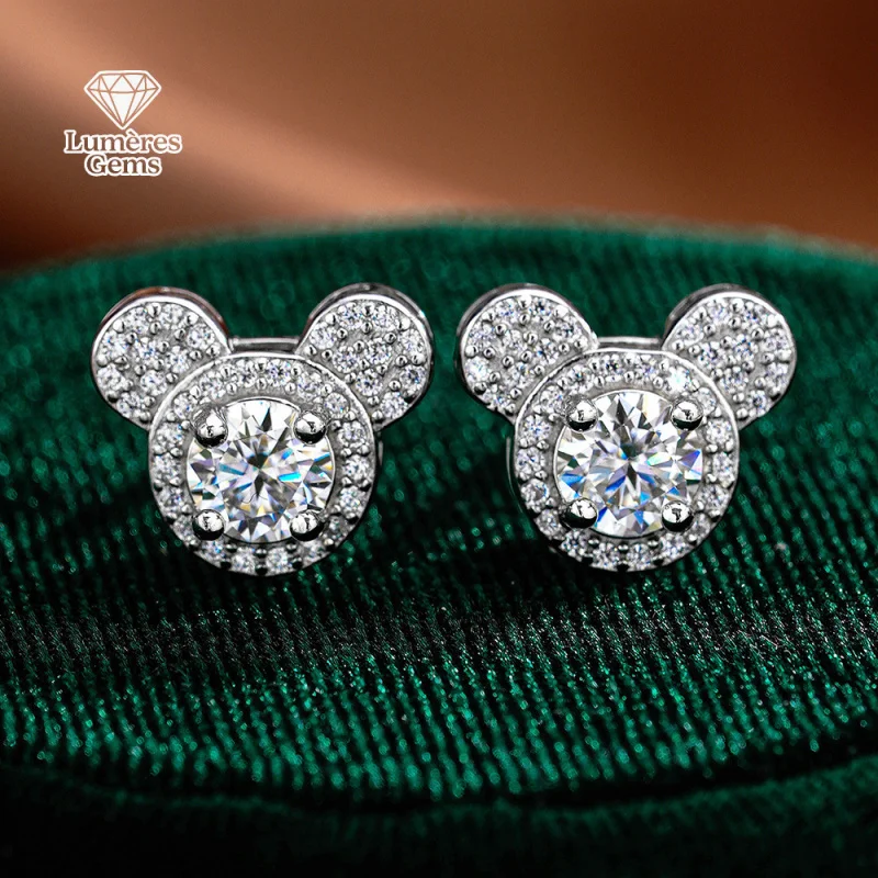 LumièRe Gems 18K Gold / 950 Platinum Panda And Mouse Appearance Beaded Crystal Earrings, Suitable For Sensitive Ears To Wear