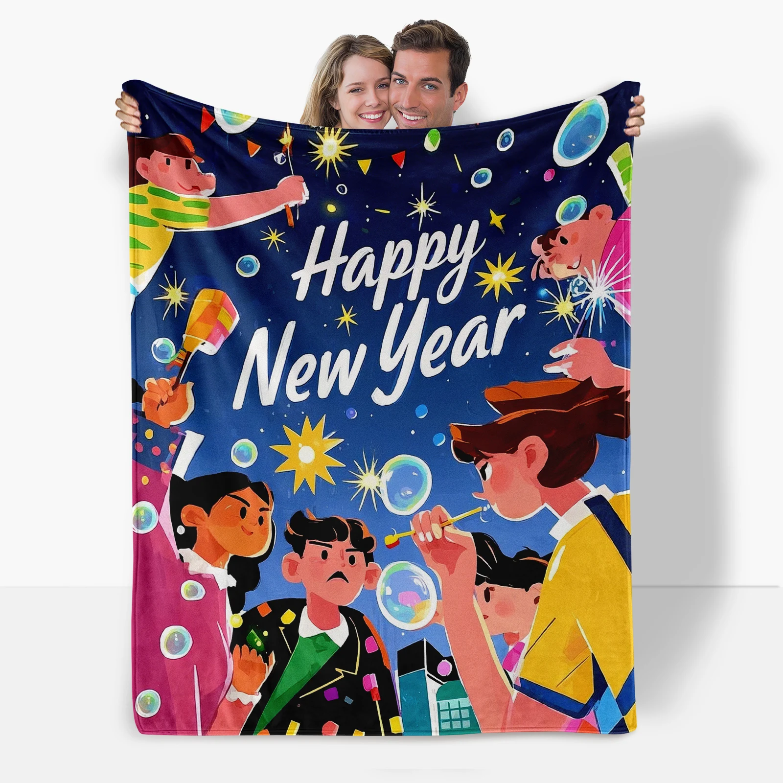 Elegant New Year Offering Flannel Blanket With Charming Cartoon Characters Plus Sincere Blessings