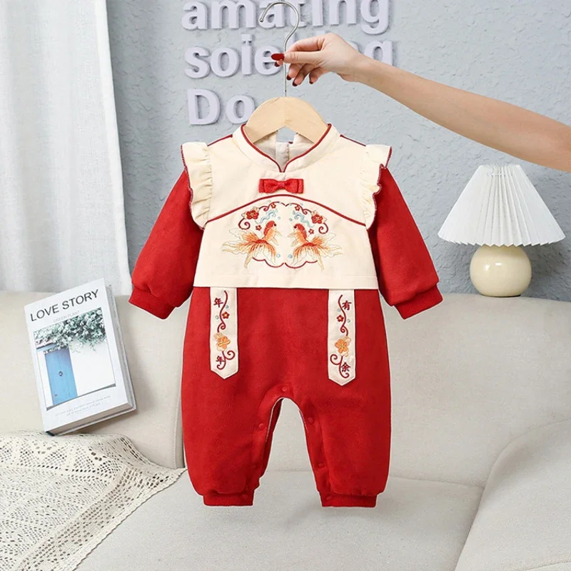 2024 One-Year-Old Baby Jumpsuit Boy Girl Children's Autumn and Winter New Clothes Warm Fleece-Lined Long Sleeve Climbing Suit