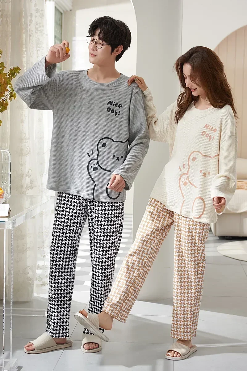 Pijama de algodão estampado manga comprida masculina, pijama outono inverno, gola redonda, terno puro, casal doce, amante, conjunto 2 peças