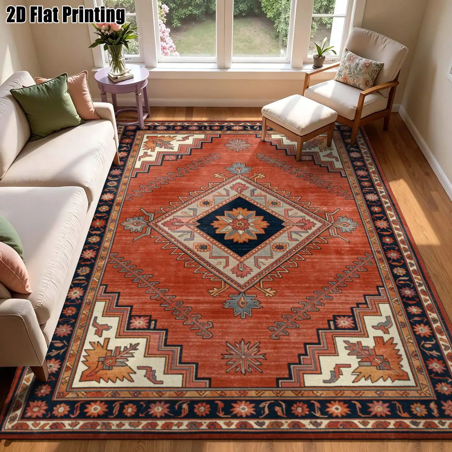 1Pc 2D Printed Retro Red-Based Geometric Floral Carpet: European & Bohemian Style, Home Decor, Multi-Size, Machine Washable, for Entrance, Dining, Bedroom, Living Room