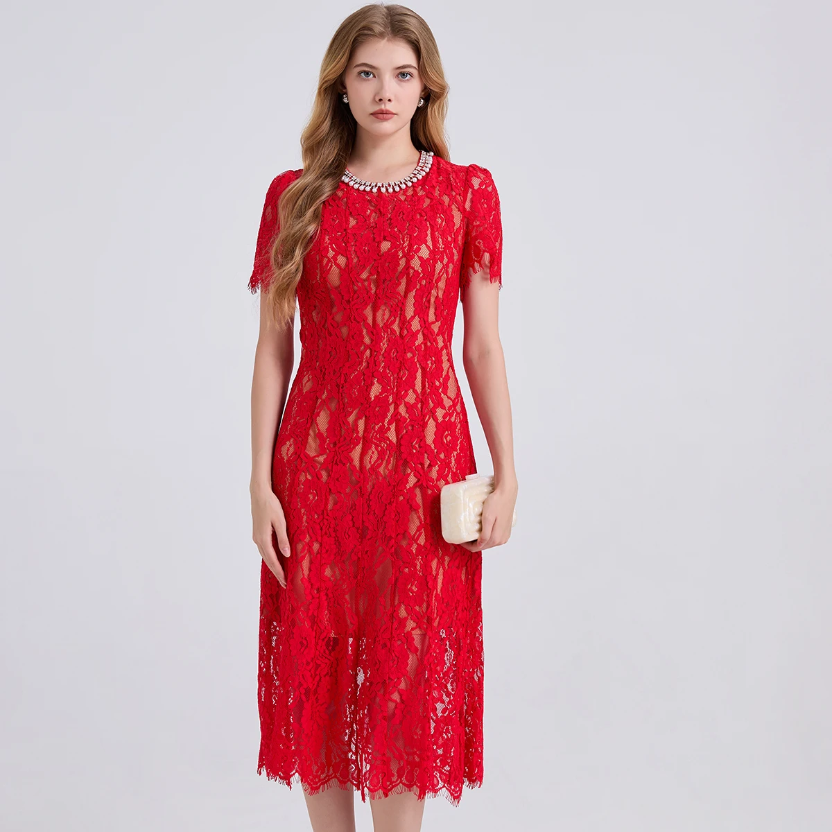 فستان ربيع/صيف 2025 مرن من الدانتيل واللؤلؤ الماسي برقبة دائرية وأكمام قصيرة ملابس نسائية ناضجة تنورة مثيرة للتخسيس على شكل حرف a