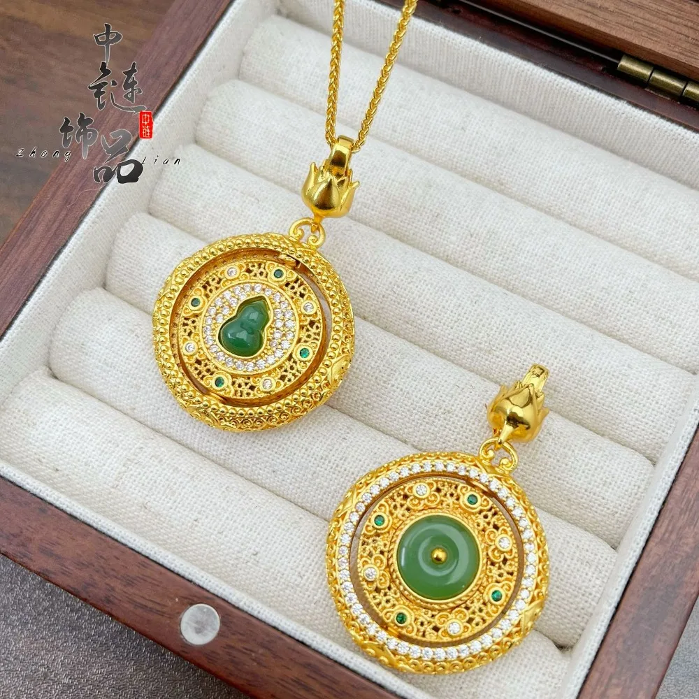 Point drill silk calabash peace buckle pendant can rotate jade full hall Fu Lu 9999gold