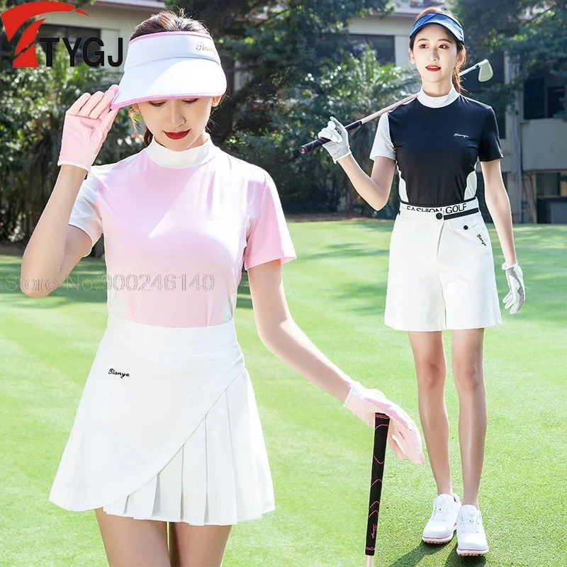 New Summer Golf Women\'S Shirts Round Neck Fashion Slim Outdoor Sports T-Shirt Moisture Wicking Quick-Drying Short-Sleeved Tops