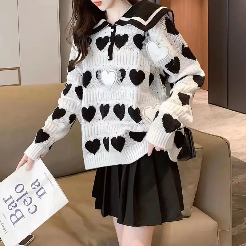 Women\'s Clothing Sweet Sailor Collar Jumpers Fashion 3D Heart-shaped Autumn Winter New Long Sleeve Korean Loose Knitted Sweaters