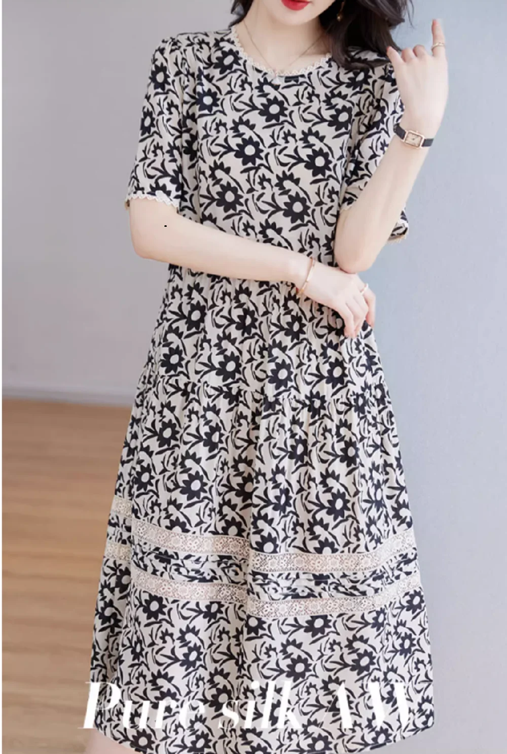 2023 New Fashion Silk Printed Skirt Summer Retro Fragmented Flower Short Sleeve Pullover French Loose Tight Silk Mini Vesidos