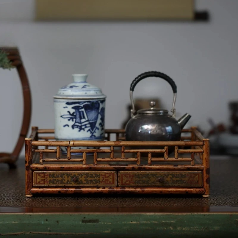 Lacquer carving is a plate, bamboo Chinese style, literati tea set storage Pangu plate