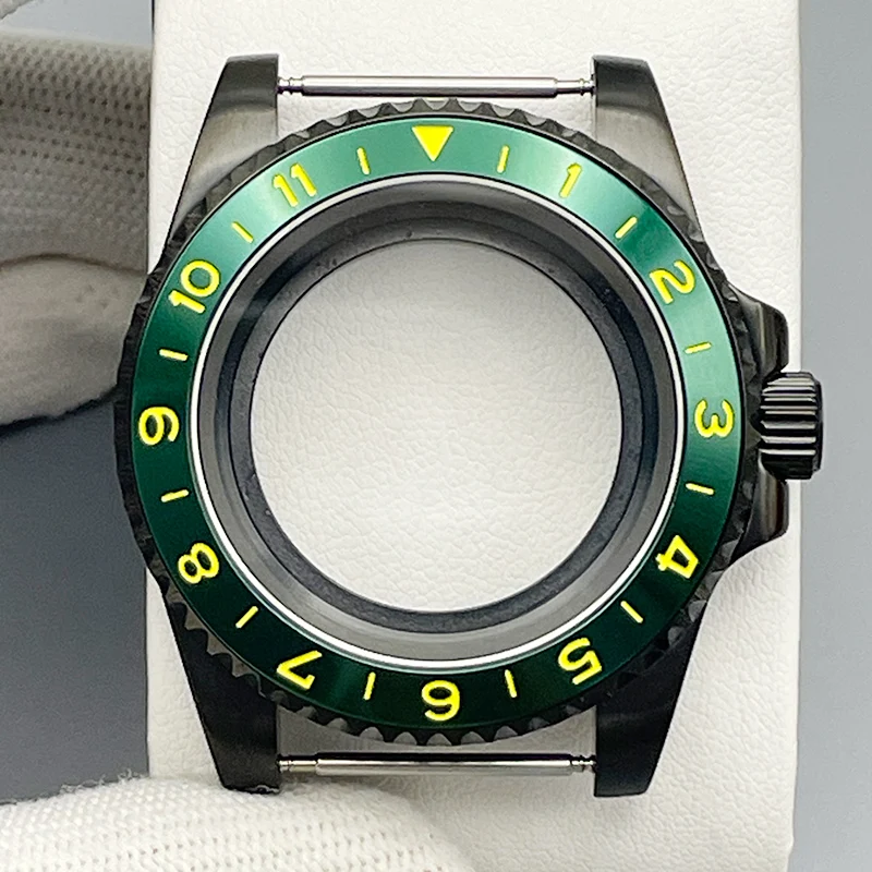 40mm NH35 SUB Watch Case Waterproof Black Steel Sapphire Crystal Glass Transparent Back Fit NH35 NH36 NH34 Movement Watch Case