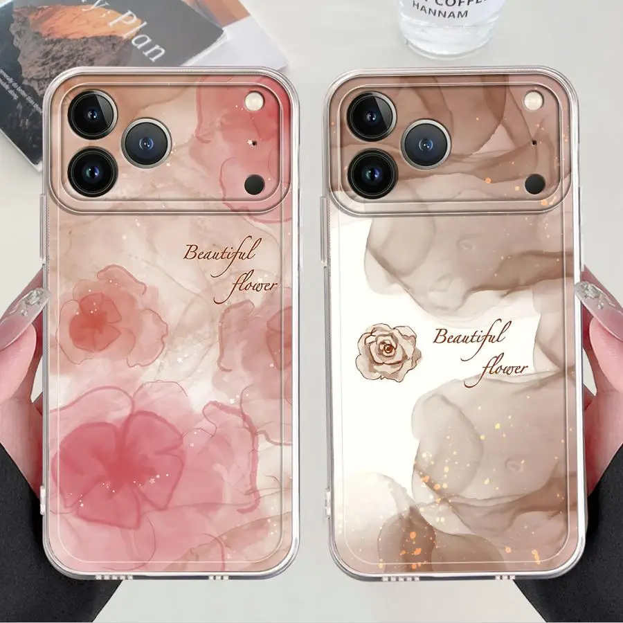 เคสโทรศัพท์แบบนิ่มสำหรับ iPhone 16e 13 12 11 Pro MAX XR 12 Mini 16 15 14 Plus 7 8 17 ลายดอกไม้ลายหินอ่อนแบบหมึกซึม
