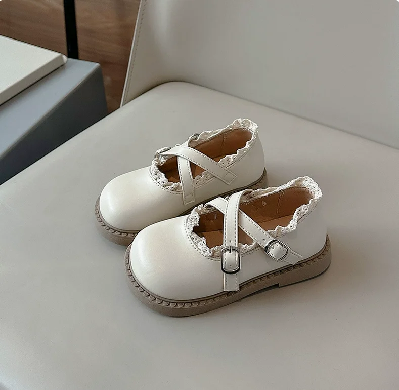 Sepatu Kulit Imitasi Anak-anak Sepatu Sekolah Musim Semi Ruffles Kecantikan Super Anak Perempuan Sepatu Pesta Ulang Tahun Putri Terikat Silang Anak