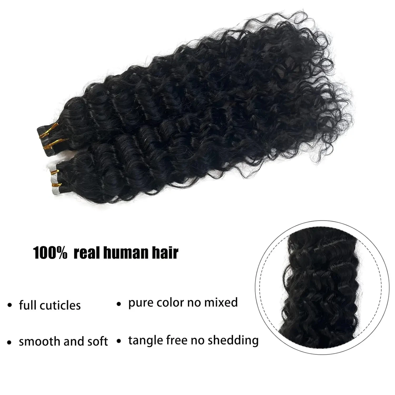 Extensions de cheveux humains brésiliens Deep Wave Tape-in, cheveux bouclés, tête complète, sans couture, document naturel # 1B, PU