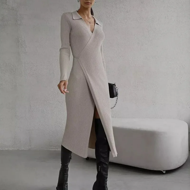 

Autumn Winter New Woolen Dress Women's Lace Up Long Sleeved Solid Color Slim Fit Frock Sexy V-neck Hem Slit Vestido Femininos