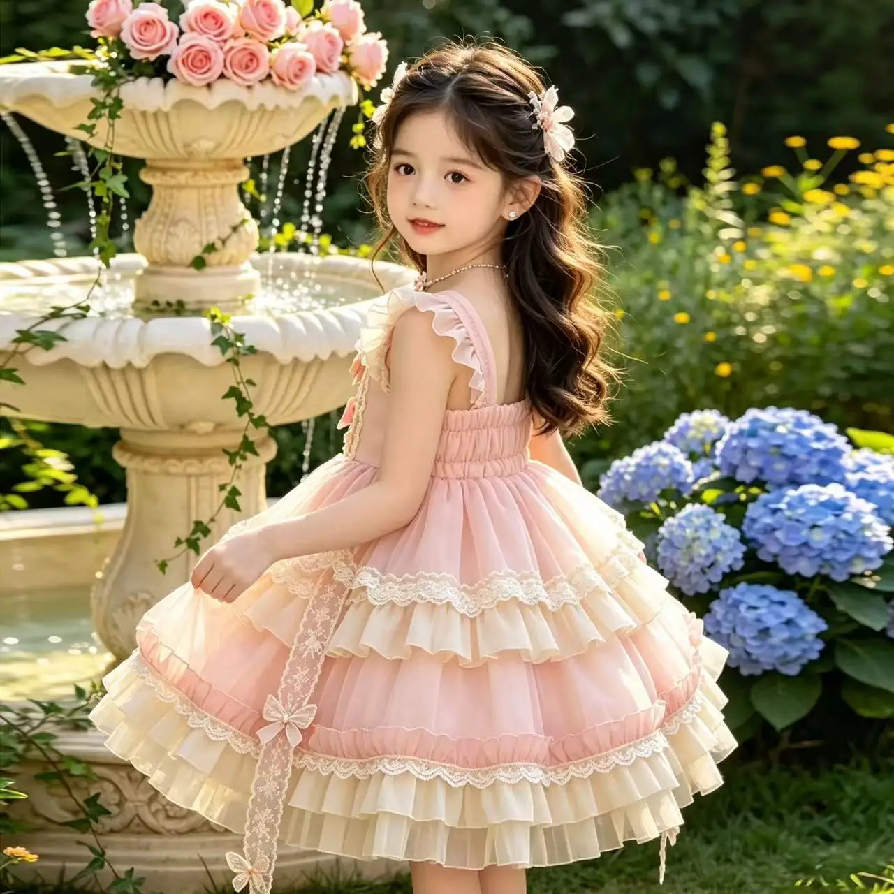 Girls Lolita Dress 2026 New Summer Bow Princess Dress Baby Birthday Party Gown Kids Sweet Puffy Dress 100-150CM
