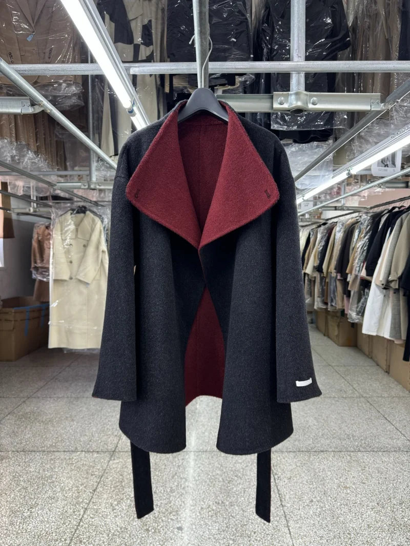 

White Stand Up Collar Double-sided Wool Coat for Women Autumn Winter Style Loose Lace Up Simple Woolen Coat Jacket Wool Blend