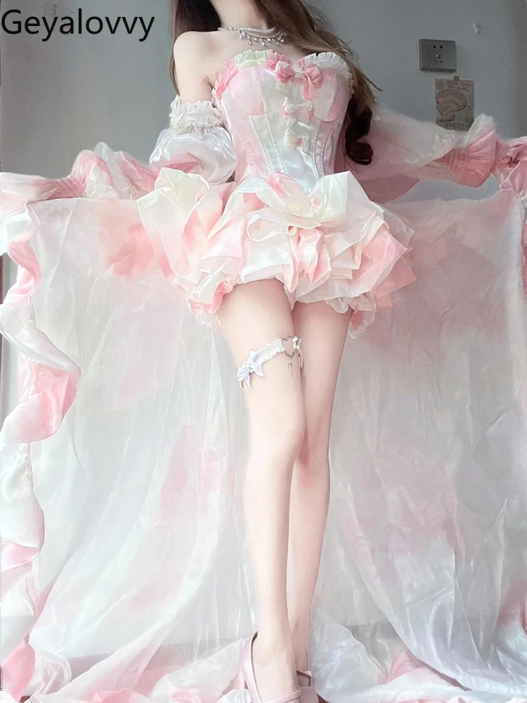 

French Haute Temperament Socialite Bow Trailing Birthday Party Lace-up Tube Top and Short Tutu Skirt Sweet Girl Pink Suit