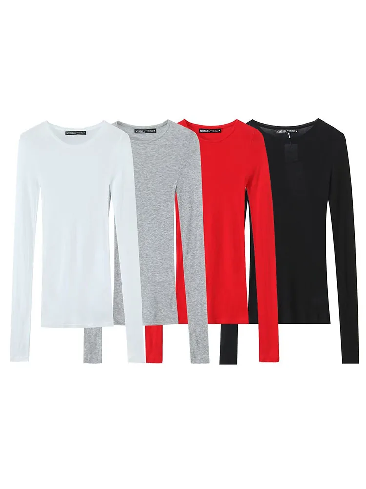 

HH Woman's Spring New Fashion Versatile Cotton Round Neck Long-Sleeved T-shirt Female Solid Temperament Simple Slim Tops Mujer