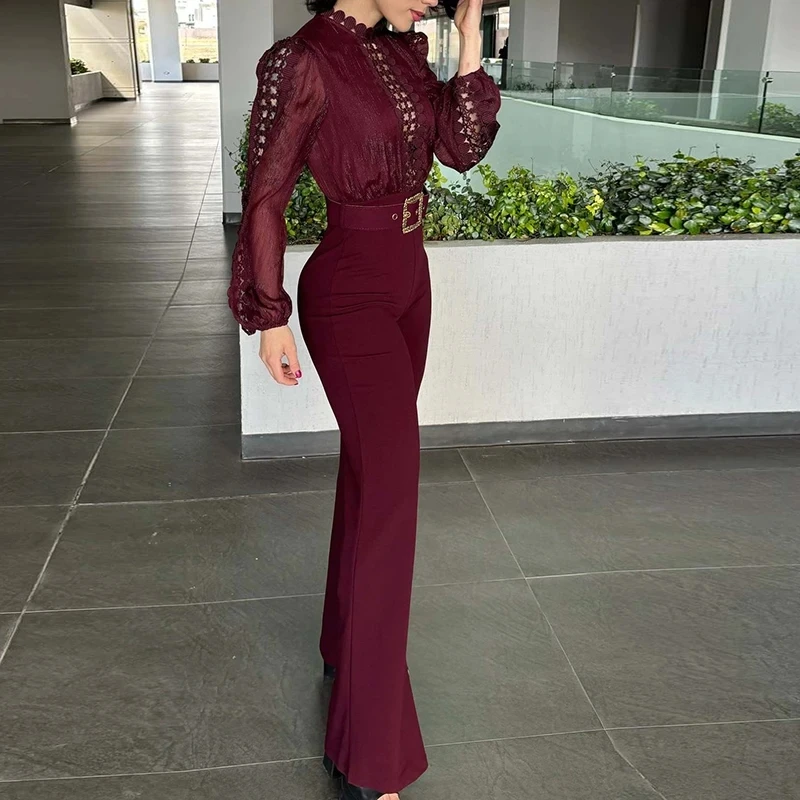 

Women Simple High Waist Commute Rompers Casual Mesh Hollow Out Wide Leg Jumpsuits Fashion Solid Long Sleeve Playsuits Overalls