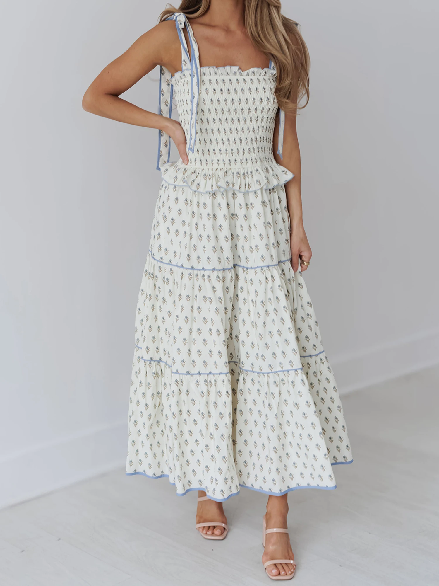 Abito lungo senza maniche con stampa floreale con spalline allacciate e scollo a V Abito casual da donna alla moda estiva