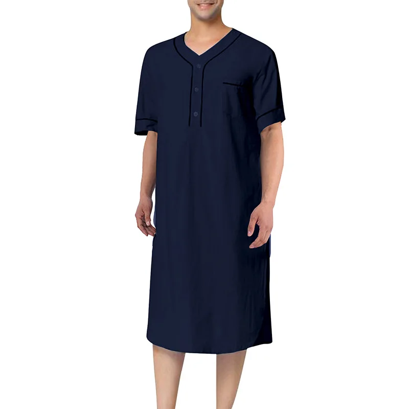 Zomer Korte Mouw Mannen Dunne Nachtjapon Moslim Islamitische Homewear Effen Kleur Losse Saudi Arabia Kaftan Home Abaya Slaapjas