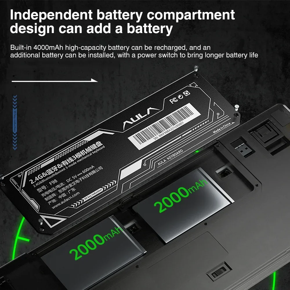 AULA F98 Drahtlose mechanische Tastatur, Bluetooth-Gaming-Mechanische Tastatur, drei Modi, 2,4 g, kabellos, Bluetooth, RGB, kabelgebunden, Hot-Swap