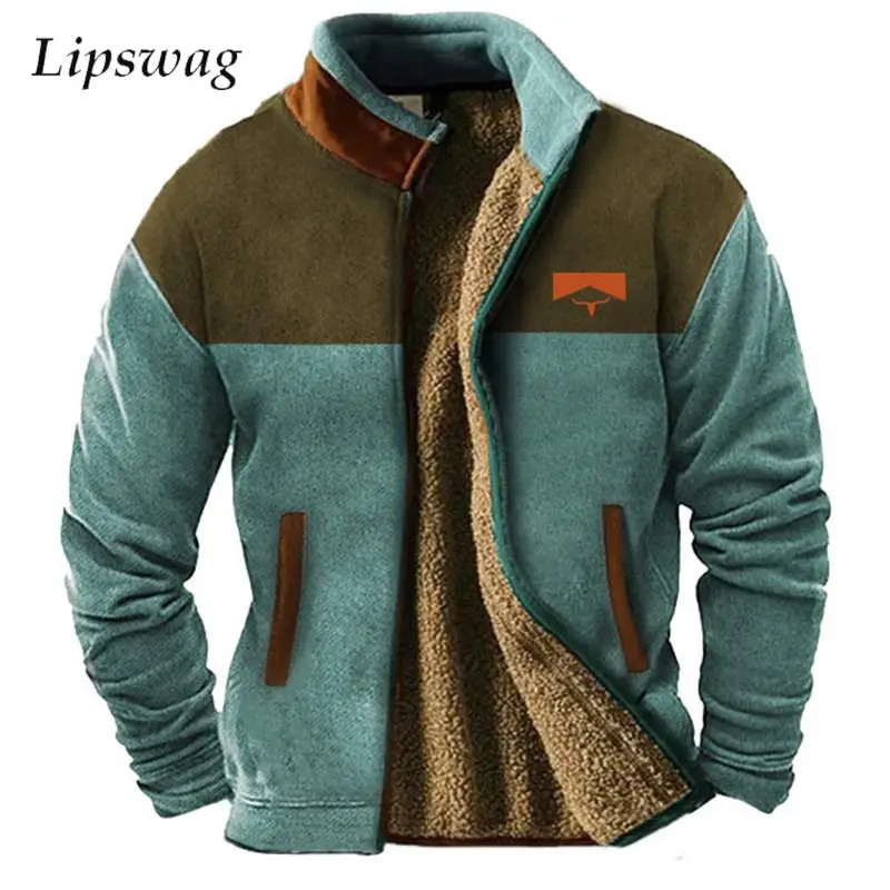 

Autumn Winter Vintage Ethnic Print Jackets Mens Thickened Fleece Lined Jacket Coat Daily Casual Stand Collar Zipper Outerwear