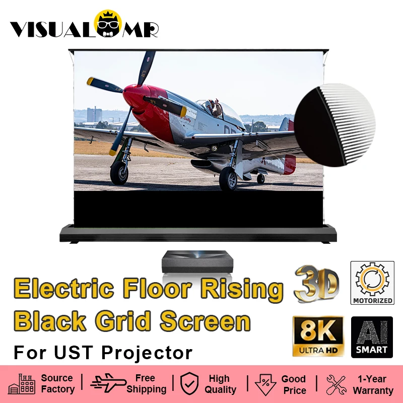 

Hot Electric Floor Rising Black Grid ALR UST Projection Screen 150inch Tab Tension Ambient Light Rejecting for Short Projectors