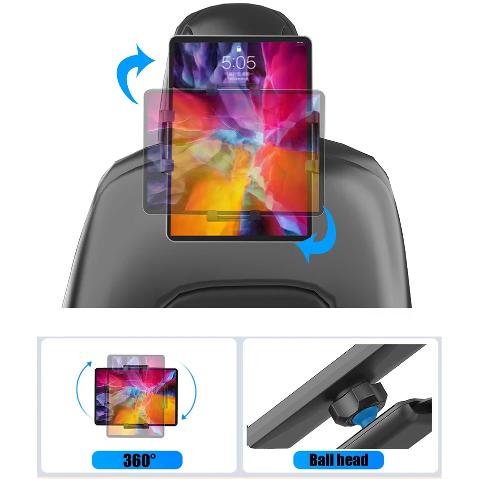 OUTMIX Uchwyt samochodowy na tablet/telefon na tylne siedzenie, obracany o 360 stopni °   Obrotowy, regulowany uchwyt na tablet do pojazdów elektrycznych i samochodów. — zdjęcie produktu 4