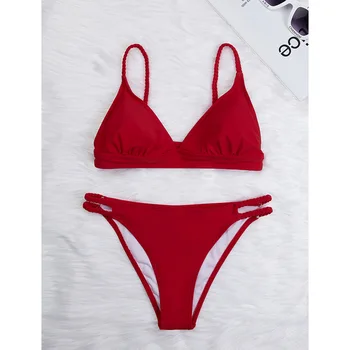 บิกินี่สีแดงเซ็กซี่2024ผู้หญิงเซ็ตบิกินี่กางเกงในแบบบราซิลเลี่ยนชุดว่ายน้ำบิกินีแบบถัก