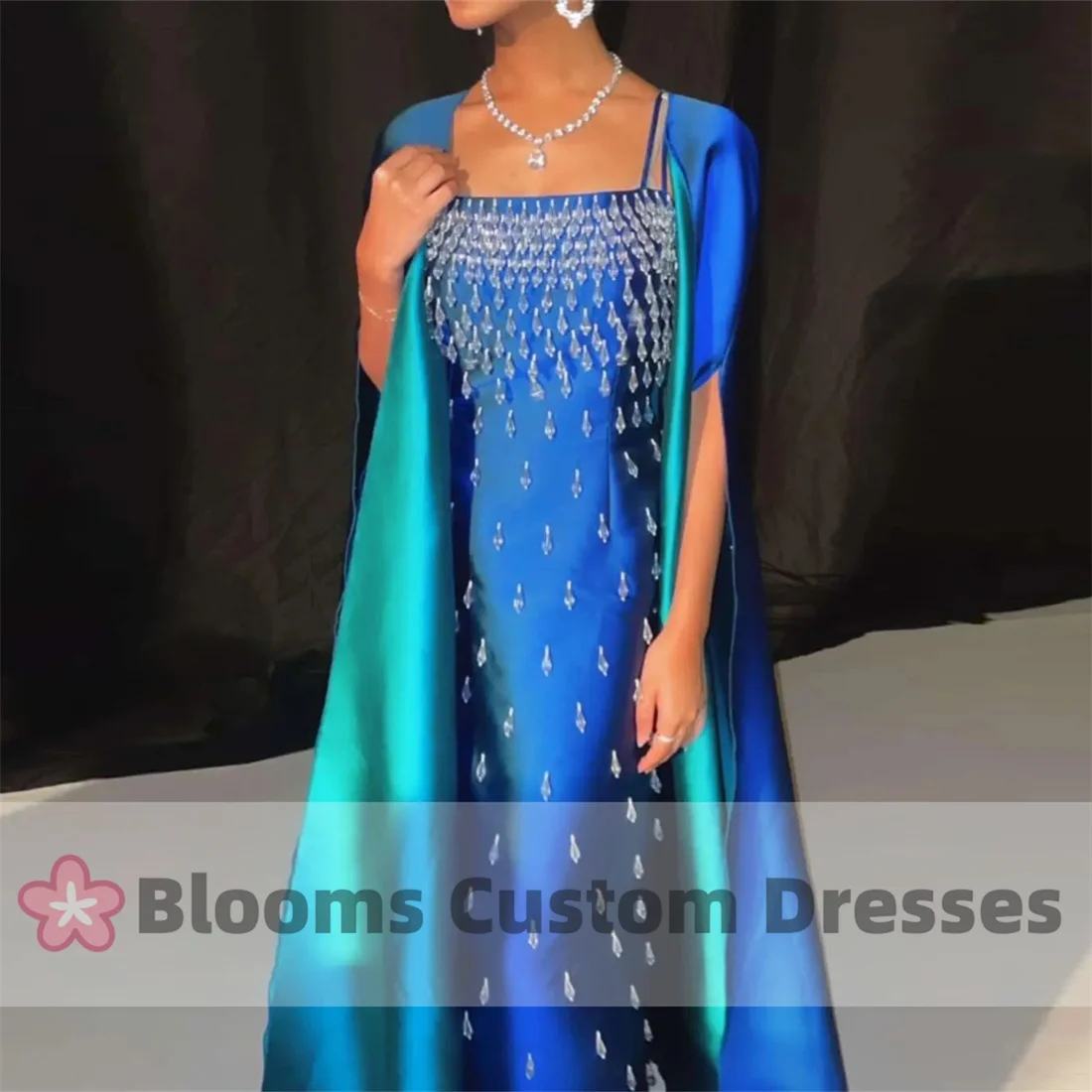 Blooms Contrast Color Satin Customized Evening Dress Crystal Formal Gown Luxury Prom Dress For Wedding robes invitée mariage