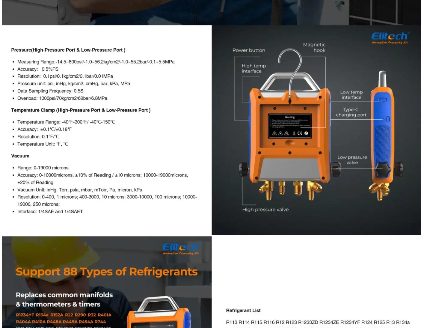 

EMG-40 Suitable for HVAC Systems! Digital Manifold Gauge, HVAC Pressure Gauge with 4-Way Valve & Temperature Clamps