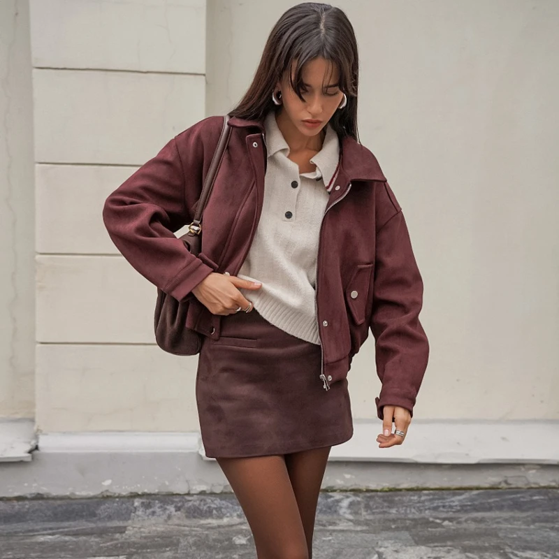 TARUXY Retro Suede Lapel Jacket Women's Zipper Pocket Reddish Brown Casual Loose Splicing Long Sleeves Coat Autumn Street Coat