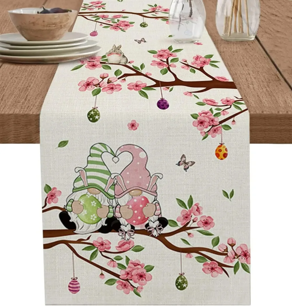 Happy Easter Rabbit Gnomes Bunny Egg Linen Table Runner Party Decor Spring Cherry Flower Dresser Scarf Table Decor