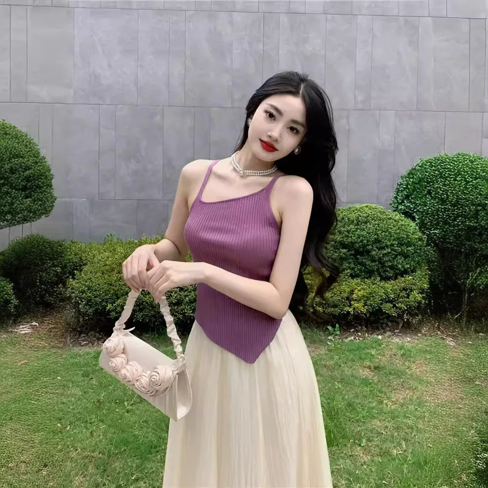 

7168 Summer New Design French Style Off-Shoulder Asymmetrical Slim Fit Knitted Camisole